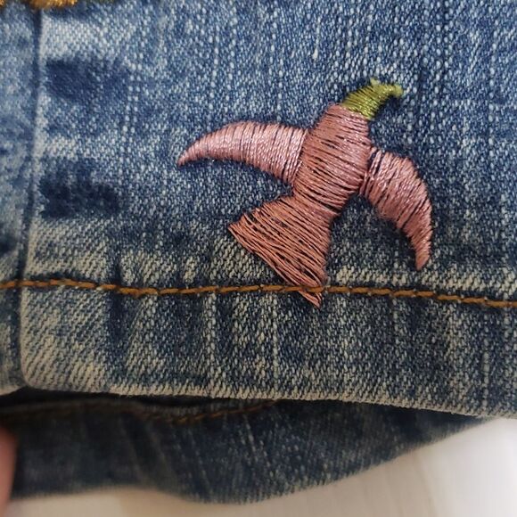 💐 Vintage Y2K Embroidered Denim Mini Skirt Floral Bird Jean Skirt SMALL - Picture 14 of 14